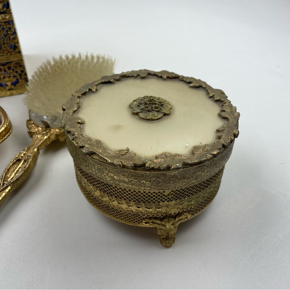 Vintage Filigree 6 Pc Vanity Set Hair Brush Hand Mirror & Perfume Tray Gold Tone - Picture 4 of 12